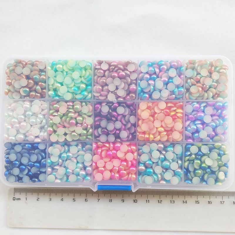 Chenkou Craft 5000pcs Assorted 15 Colors Gradient Color Half Flatback Imitation Pearl Bead 5mm Flat Back Scrapbook Craft DIY Beads + Plastic Box